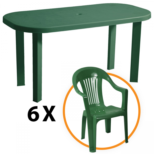 Set masa fixa gradina + 6 scaune pentru gradina, verde, din plastic , ATS , verde