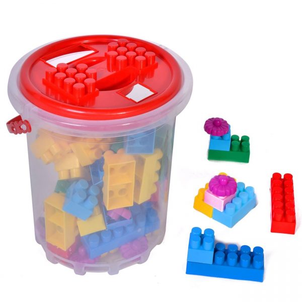 Galeata cu cuburi pentru copii cu diferite piese de construit , 48 de piese multicolore