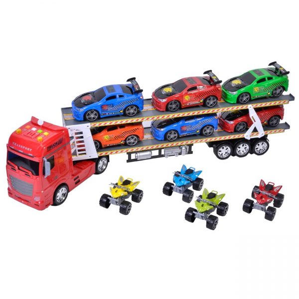 Set tir cu 10 vehicule de jucarie pentru copii, 61 x 8 x 30 cm, Multicolor
