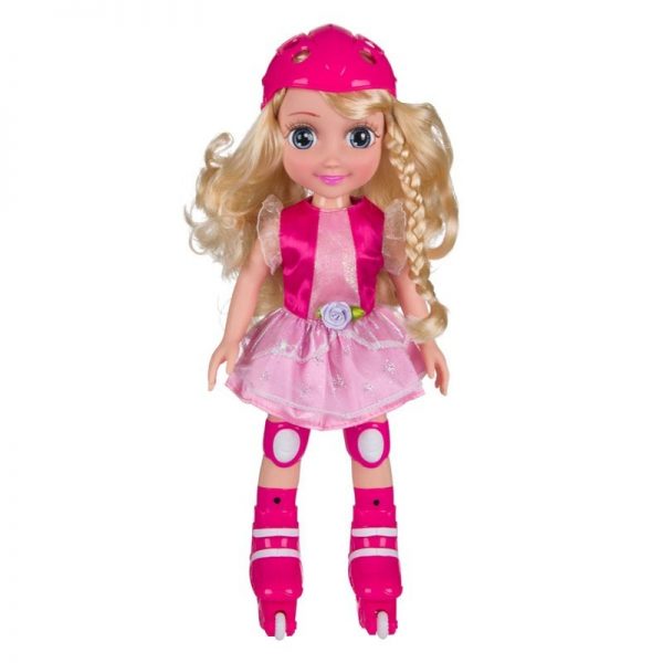 Papusa pe role cu casca si pipetene imbracata in rochie roz , par blond, pentru fete , 37 cm,ATS, are sunete