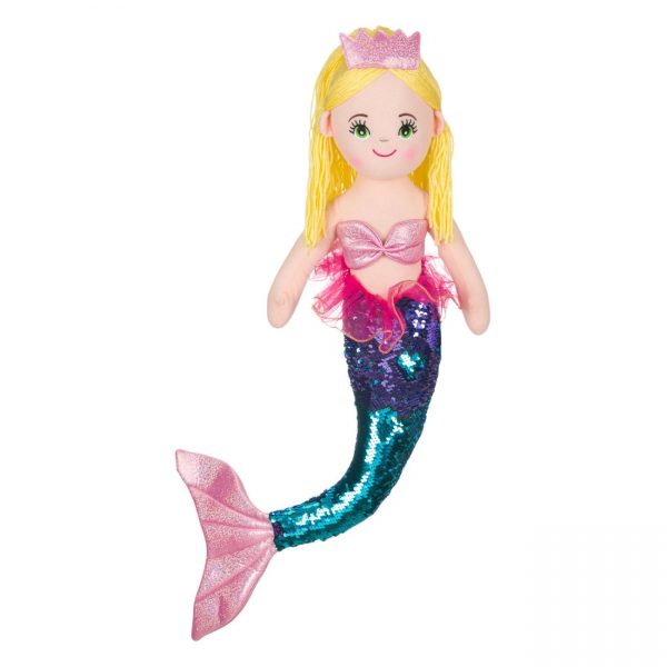 Papusa Sirena cu coada din paiete, are parul blond si coroana roz, este din plus, pentru fete,78 cm, ATS