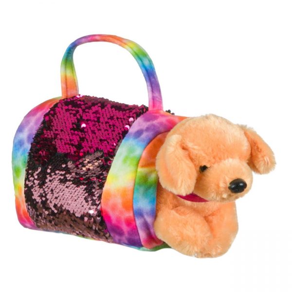 Jucarie din plus Caine Labrador maro in geanta cu paiete multicolore, pentru fete, ATS