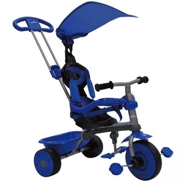 Tricicleta albastra 3 in 1 cu protectie solara pentru copii cu pedale pentru exterior , gradina sau parc, bicicleta 3 in 1