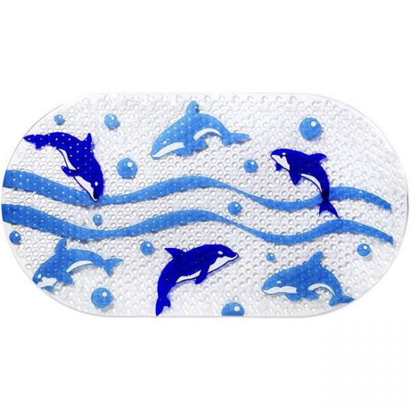 Covor de baie antiderapant cu delfini , alb albastru , ATS , forma ovala