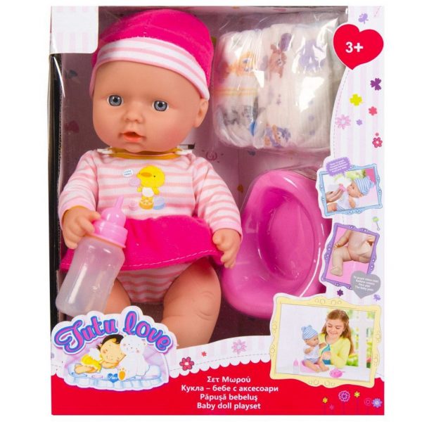 Bebelus papusa cu 4 accesorii olita,biberon,pampers si haine roz, bea apa, face pipi , pentru fete, ATS