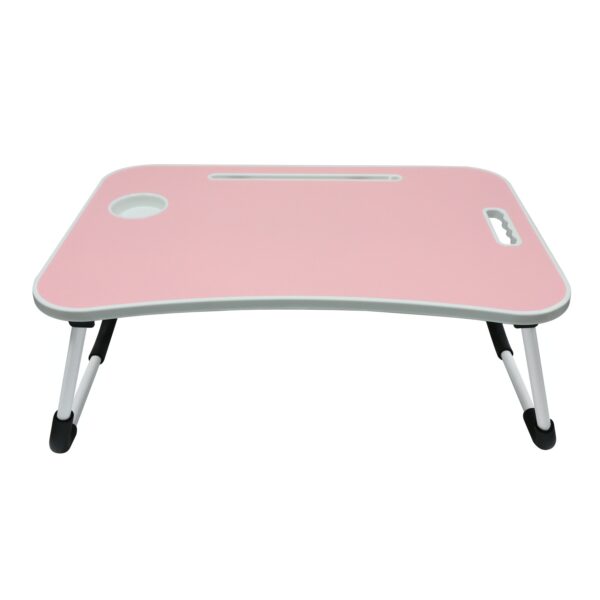 Masa pentru laptop de culoare roz, plianta, ATS, 60 x 40 x 27 cm, picioare din metal alb, un blat din MDF
