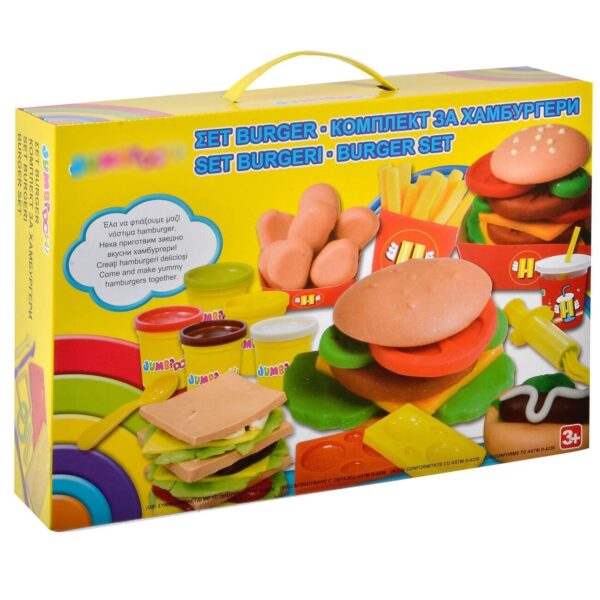 Set plastilina cu forma de burgeri si cartofi prajiti, 15 piese multicolore + 5 borcane de plastilina, pentru copii , ATS + 3 ani, chef bucatar