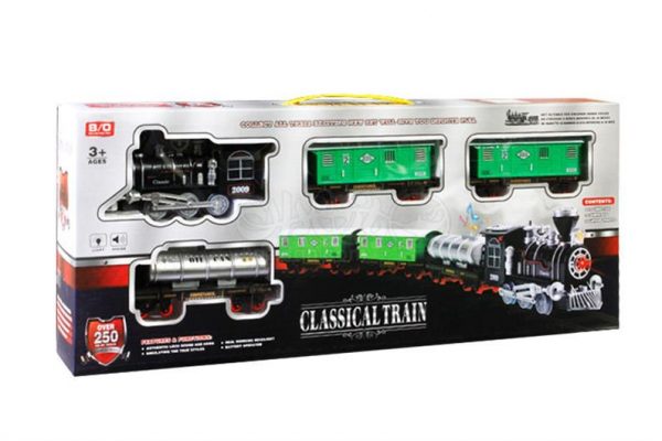 Tren electric cu sunet si lumina, are vagone verzi si o sina neagra, pentru copii, ATS