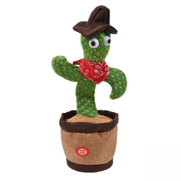 Cactus de plus cu palarie si esarfa are 4 cantece, danseaza, repeta ceea ce spui si lumina, pentru copii, ATS, 13x11x34cm