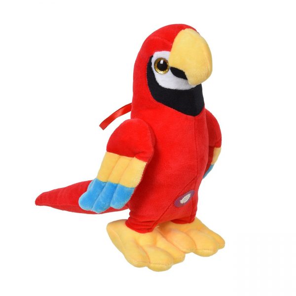 Papagal de plus cu sunete are corpul rosu, coada lunga cu pene colorate, ATS, pentru copii, ATS, 28 cm