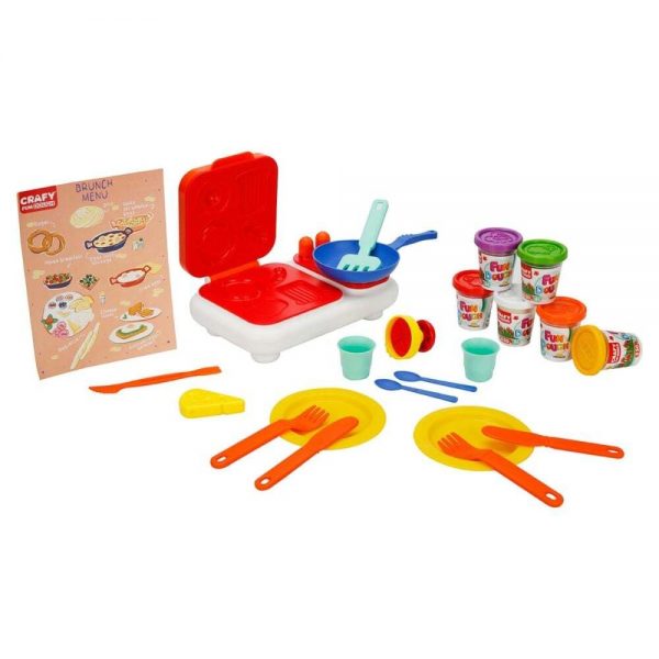 Set bucatarie cu  6 culori diferite de plastilina, matrita pentru modelare , aragaz, tigaie, spatula,  pahare,  lingurite, farfurii, furculite, cutite, pentru copii